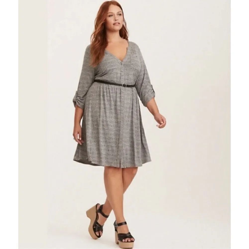 Torrid 4x Gray Geo Print Button Front Midi Shirt Dress Roll Tab Sleeve Plus Sz 3